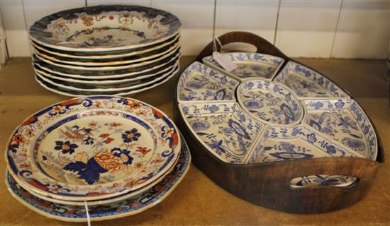 Set of 8 Masons Ironstone soup plates, two side plates, a Chinese plate & a Booths hors doeuvres set